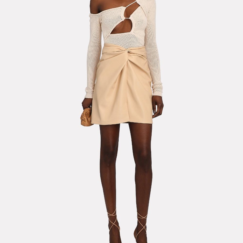 NANUSHKA Twist-Front Ivory/Beige Vegan Leather Mini Skirt